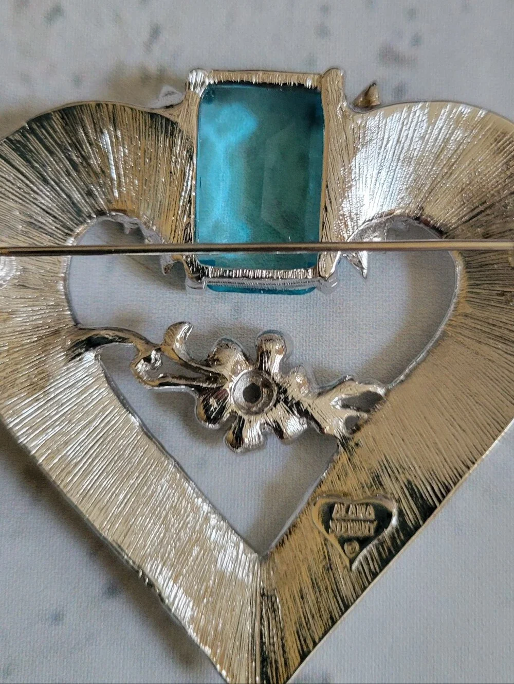 Alana Stewart Signed Silver Heart Brooch with Blue Crystal Accent